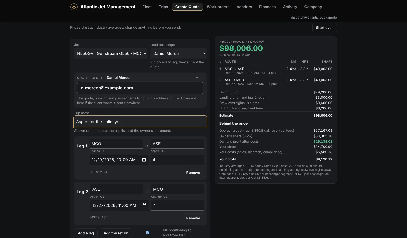 The Create Quote screen: two legs, the estimate, and the owner’s and company’s profit