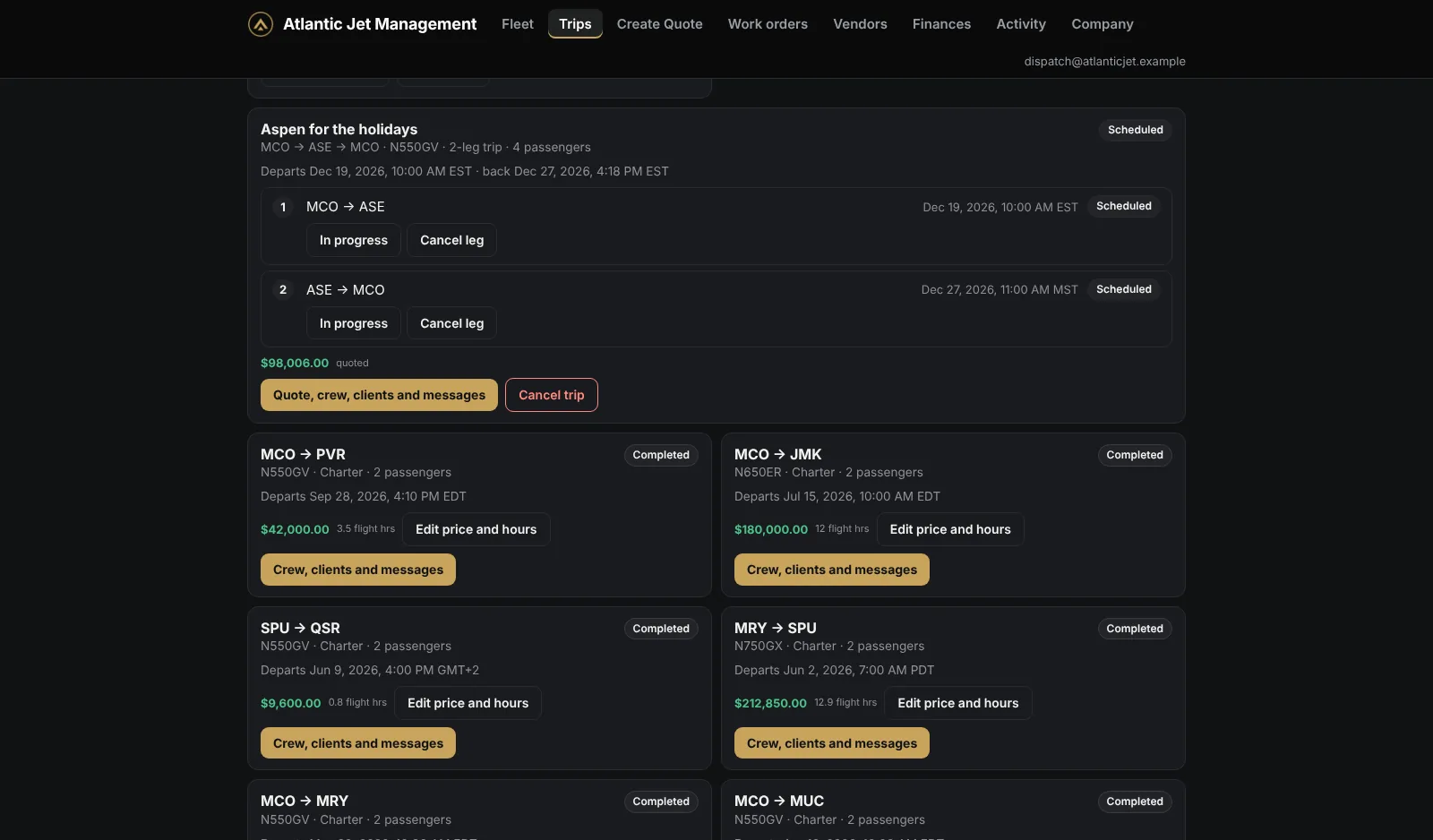 The Trips page with a booked two-leg itinerary