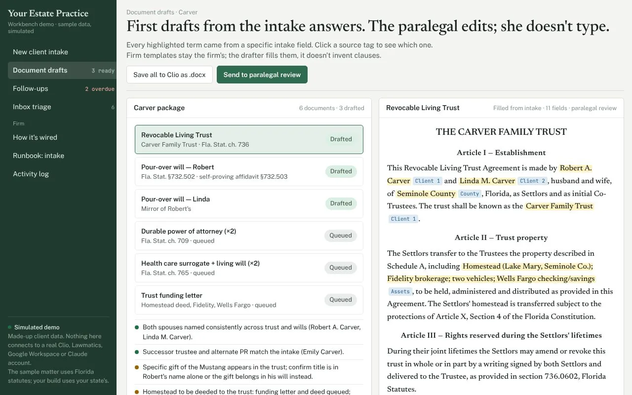 Sample Document drafts screen of Sable Law