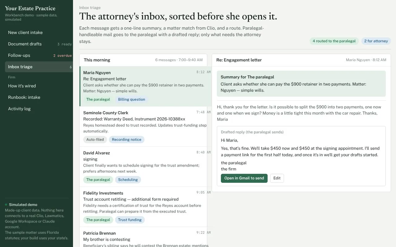 Sample Inbox triage screen of Sable Law