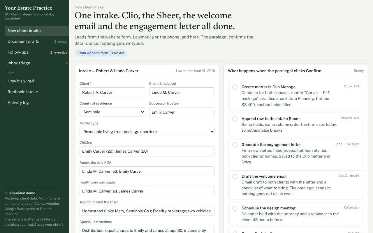 Sample New client intake screen of Sable Law