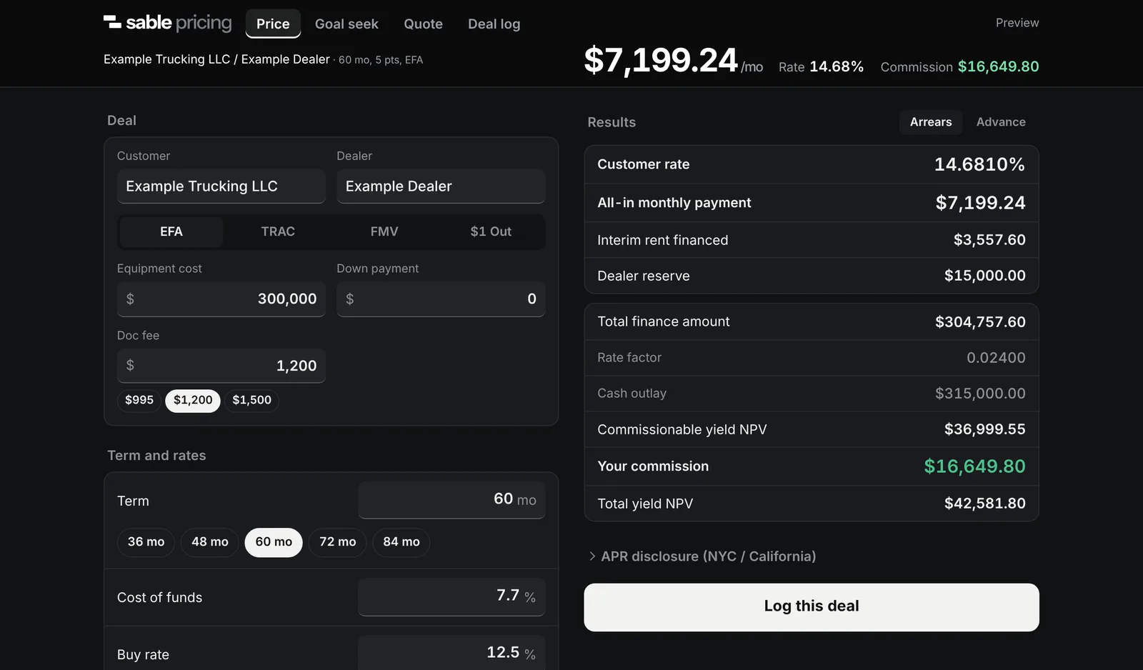 The Sable Pricing screen showing customer rate, payment and commission